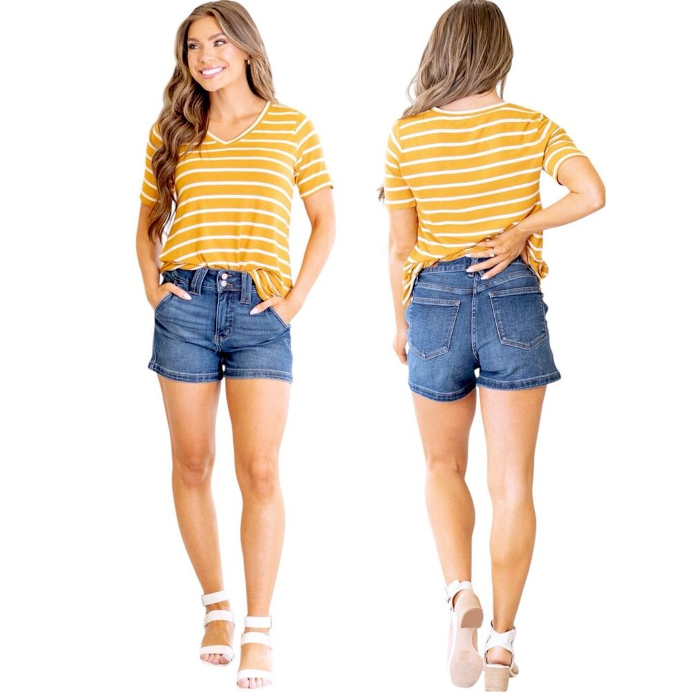Judy Blue Double Button High Rise Denim Shorts Dark Wash Stretch Size XL NWT - Picture 6 of 11